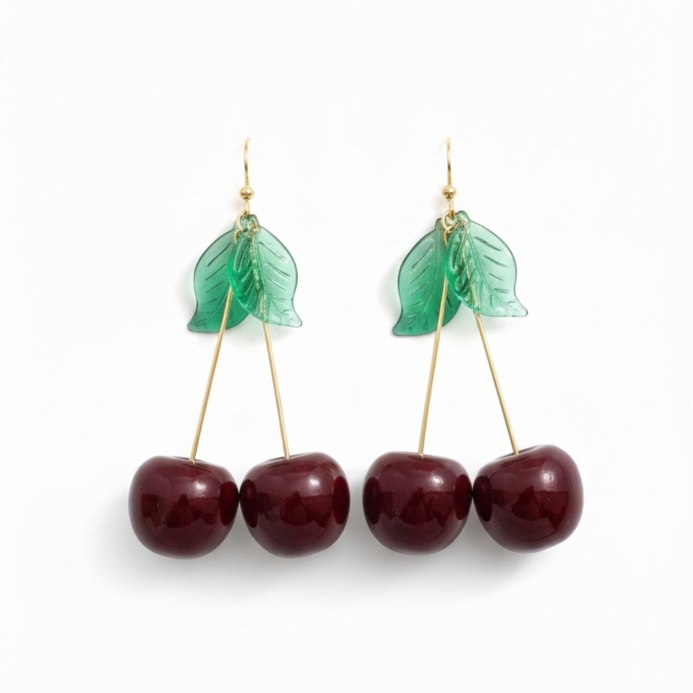 🆕️ Cherry Drop Earrings with Green Leaves NWOT